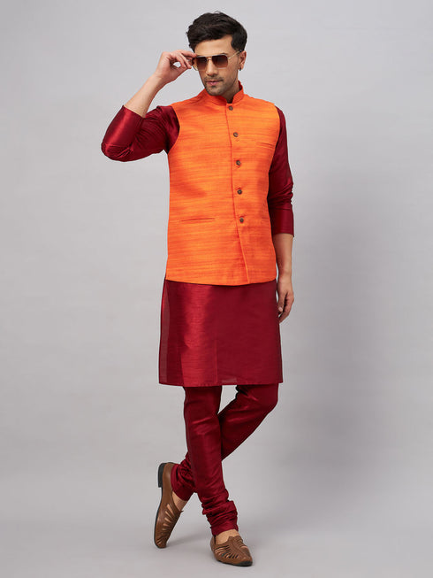 Vastramay Men's Orange Matka Silk Nehru Jacket With Maroon Silk Blend Kurta Pyjama Set
